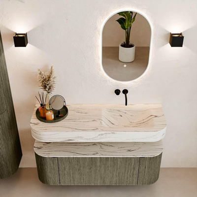 MONDIAZ THOR-DLUX 130cm meuble de salle de bains arrondi gauche + droite couleur Shadow avec 1 tiroir et 2 portes. Vasque suspendue CLOUD Droite sans trou de robinet couleur Nata.