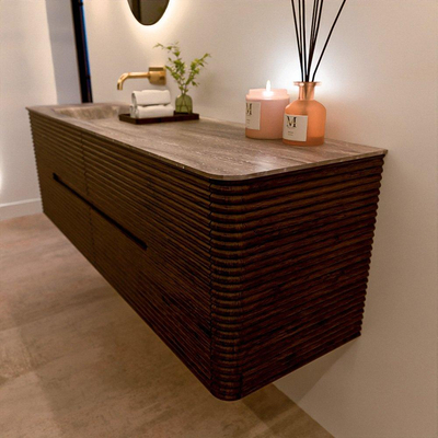 Mondiaz CIRO-DLUX Badkamermeubelset - 160x45x50cm - Solid surface wastafel Oza - 1 wasbak Links - zonder kraangaten - 4 lades - Walnut