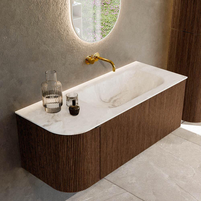 MONDIAZ KURVE-DLUX 115cm badmeubel met module 25 L kleur Walnut met 1 lade en 1 deur. Wastafel BIG SMALL rechts zonder kraangat kleur Frappe.