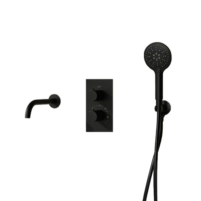 Fortifura Calvi Robinet de baignoire set - bec - 22cm réductible - corps lisse - douchette ronde - partie encastrable - support mural - noir mat