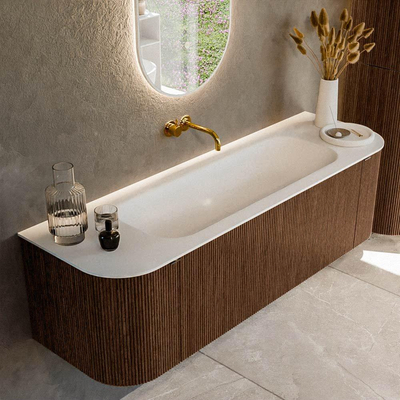 MONDIAZ KURVE 150cm badmeubel met module 25 Len R kleur Walnut met 1 lade en 2 deuren. Wastafel BIG MEDIUM midden zonder kraangat Talc.