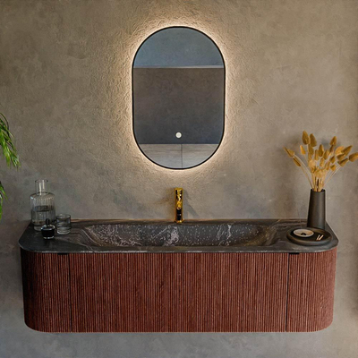 Mondiaz KURVE-DLUX Ensemble de meuble - 150x46x40cm - 1 tiroir - 2 portes - lavabo en solid surface - milieu - 1 trou de robinet - Ruby