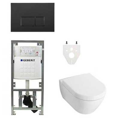 Villeroy en Boch Subway 2.0 DirectFlush toiletset met Geberit reservoir en bedieningsplaat met rechthoekige knoppen softclose toiletzitting mat zwart