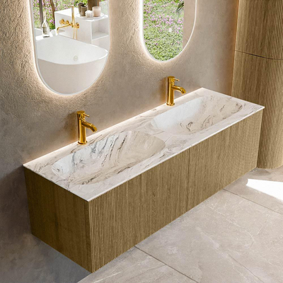 Mondiaz KURVE-DLUX Badkamermeubelset - 140x46x40cm - 2 lade - wastafel solid surface - dubbel - 2 kraangaten - Dusk