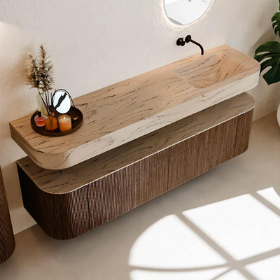 MONDIAZ THOR-DLUX 180cm badmeubel ronding links + rechts kleur Walnut met 2 lades en 2 deuren. Vrijhangende wastafel CLOUD Rechts zonder kraangat kleur Arena.