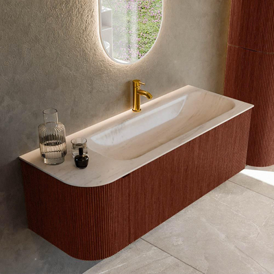 MONDIAZ KURVE-DLUX 125cm badmeubel ronding Links kleur Ruby met 1 lade en 1 deur. Wastafel BIG MEDIUM Rechts 1 kraangat Meli.