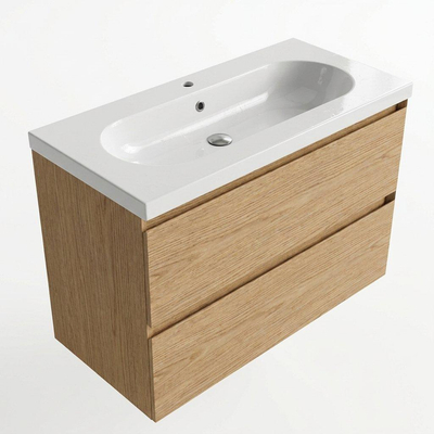 Saniclass Holz Pure Ensemble meuble de salle de bains - 100x45x63.5cm - lavabo en céramique Palermo blanc - 1 vasque - 1 trou de robinet - 2 tiroirs - chêne natural mat (bois)