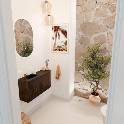 Mondiaz JOYA 81.6cm toiletmeubel - ronding rechts kleur Walnut - Wastafel FAYE positie Links 1 kraangat kleur Urban.