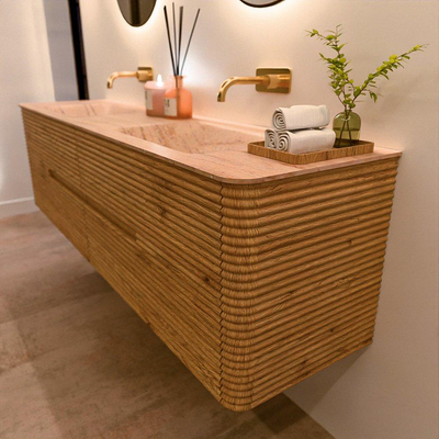 Mondiaz CIRO-DLUX Badkamermeubelset - 180x45x50cm - Solid surface wastafel Saba - 2 wasbak Dubbel - zonder kraangaten - 4 lades - Oak