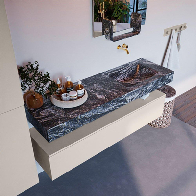 Mondiaz ALAN-DLUX Ensemble de meuble - 150cm - meuble Linen mat - 1 tiroir - Lavabo Cloud Lava suspendu - vasque Droite - 0 trous de robinet
