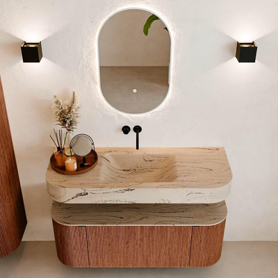 MONDIAZ THOR-DLUX 120cm meuble de salle de bains arrondi gauche + droite couleur Ruby avec 1 tiroir et 2 portes. Vasque suspendue CLOUD Milieu sans trou de robinet couleur Arena.