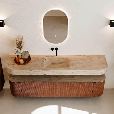 MONDIAZ THOR-DLUX Meuble de salle de bains - 190cm - arrondi gauche + droite - couleur Ruby - 2 tiroirs et 2 portes - Vasque suspendue CLOUD Milieu sans trou de robinet couleur Arena