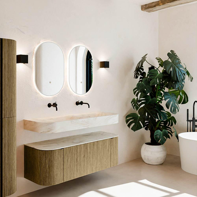 MONDIAZ THOR-DLUX Meuble de salle de bains 130cm arrondi gauche + droite couleur Dusk avec 1 tiroir et 2 portes. Vasque suspendue CLOUD Double sans trou de robinet couleur Ostra.