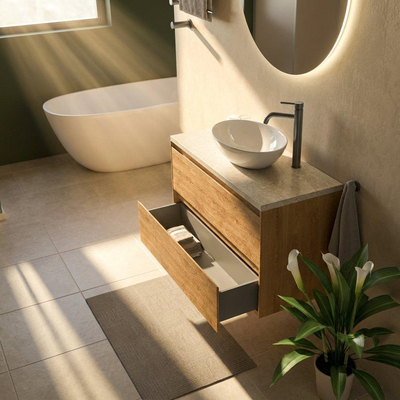 Saniclass Holz Pure Ensemble meuble de salle de bains - 100x45x63cm - Plan de travail en pierre naturelle travertin - 1 trou de robinetterie - 2 tiroirs - chêne natural mat (bois)