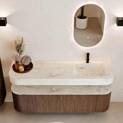 MONDIAZ THOR-DLUX 160cm badmeubel ronding links + rechts kleur Walnut met 1 lade en 2 deuren. Vrijhangende wastafel CLOUD Rechts 1 kraangat kleur Ostra.