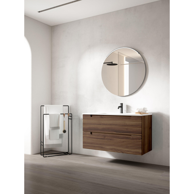 Saniclass Prime Balance Meuble de salle de bain - 100x55x45cm - 1 vasque rectangulaire en céramique blanc - 1 trou de robinet - 2 tiroirs - miroir rectangulaire - noyer