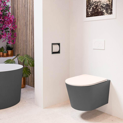 Mondiaz LAVIE hangtoilet – spoelrandloos – 36 x 53 cm – met softclose zitting – Dark grey (grijs), zitting Rosee (roze)