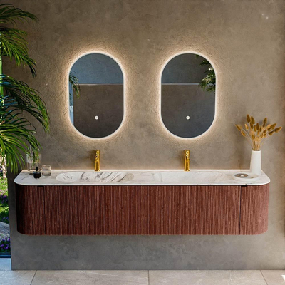 Mondiaz KURVE-DLUX Badkamermeubelset - 200x46x40cm - 2 lade - 2 deuren - wastafel solid surface - dubbel - 2 kraangaten - Ruby