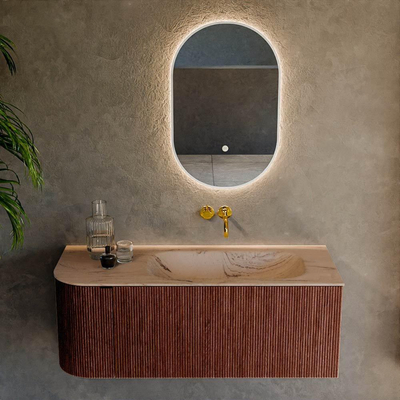 MONDIAZ KURVE-DLUX 115cm meuble de salle de bains arrondi Gauche couleur Ruby avec 1 tiroir et 1 porte. Lavabo BIG SMALL Droite sans trou de robinet Arena.