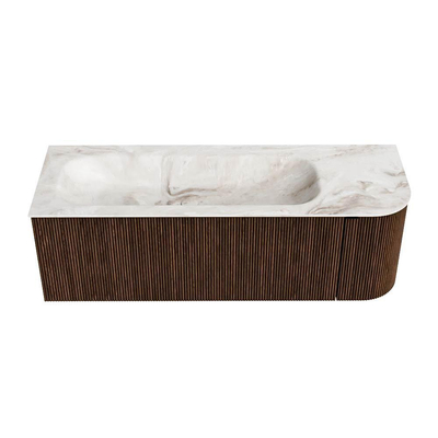 MONDIAZ KURVE-DLUX Meuble de salle de bains 135 cm avec module 25 R couleur Walnut avec 1 tiroir et 1 porte. Vasque BIG MEDIUM gauche 1 trou de robinet couleur Frappe.