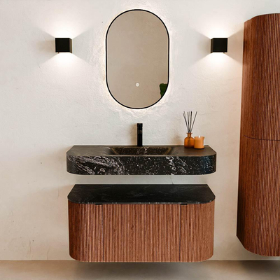 MONDIAZ THOR-DLUX 100cm meuble de salle de bains arrondi gauche + droite couleur Ruby avec 1 tiroir et 2 portes. Vasque suspendue CLOUD Milieu 1 trou de robinet couleur Lava.