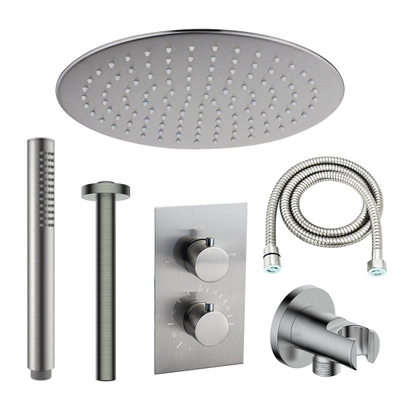 Fortifura Calvi Ensemble de douche pluie encastrable - thermostatique - bras plafond - pommeau 25cm - douchette stick - flexible lisse - Inox brossé