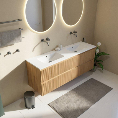 Saniclass Holz Atelier Ensemble meuble de salle de bains - 160x45x77.5cm - vasque Torino en solid surface blanc - sans trou de robinetterie - 4 tiroirs - chêne natural mat (bois)