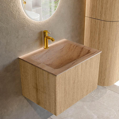 MONDIAZ KURVE-DLUX 60cm badmeubel kleur Oak met 1 lade en 0 deuren. Wastafel CLOUD Midden 1 kraangat Saba.
