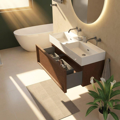 Saniclass Holz Frame Ensemble de meubles de salle de bains - 120x45x52cm - Legend lavabo en céramique blanc - 2 vasques - sans trous de robinetterie - 1 tiroir - mat walnut pure (bois)