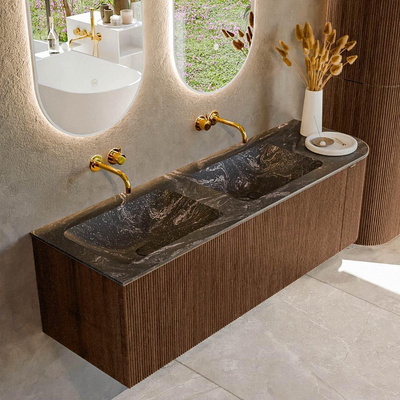 MONDIAZ KURVE-DLUX 145cm badmeubel met module 25 R kleur Walnut met 1 lade en 1 deur. Wastafel LEAF dubbel / links zonder kraangat kleur Lava.