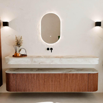 MONDIAZ THOR-DLUX 200cm meuble de salle de bains arrondi gauche + droite couleur Ruby avec 2 tiroirs et 2 portes. Vasque suspendue CLOUD Milieu sans trou de robinet couleur Frappe.