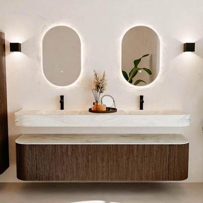 MONDIAZ THOR-DLUX Meuble de salle de bains - 190cm - arrondi gauche + droite - couleur Walnut - 2 tiroirs et 2 portes - Vasque suspendue CLOUD Double 2 trous de robinet - couleur Ostra