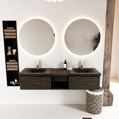 MONDIAZ BUKLA 160cm meuble de salle de bain avec module ouvert 40 couleur Marron foncé avec 2 tiroirs. Lavabo CLOUD double 2 trous de robinet couleur Urban.