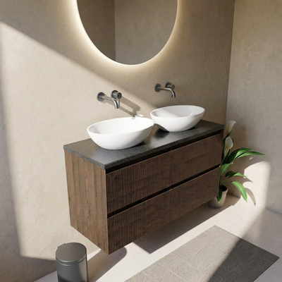 Saniclass Holz Atelier Ensemble meuble de salle de bains - 120x45x63cm - vasque en basalte Noche polie - 1 vasque - sans trou de robinet - 2 tiroirs - chêne charbon mat (bois)