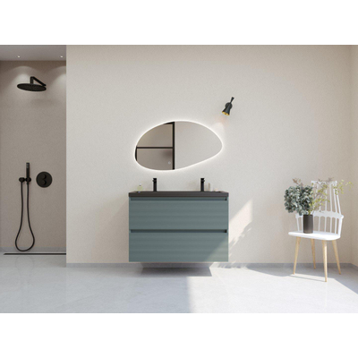 HR badmeubelen Infinity XXL 3D Ensemble meuble de salle de bains - 100 cm - 1 lavabo en céramique djazz noir mat - 2 trous de robinet - 2 tiroirs - petrol mat