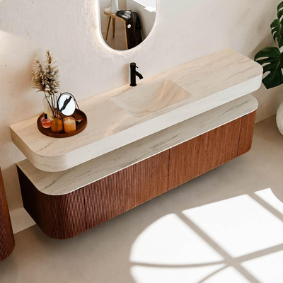 MONDIAZ THOR-DLUX Meuble de salle de bains - 190cm - arrondi gauche + droite - couleur Ruby - 2 tiroirs - 2 portes - Vasque suspendue CLOUD Milieu 1 trou de robinet - couleur Meli