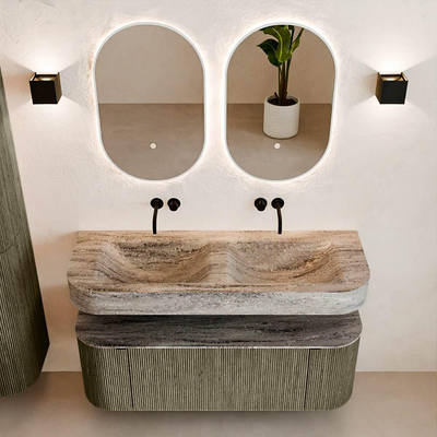 MONDIAZ THOR-DLUX 130cm meuble de salle de bains arrondi gauche + droite couleur Shadow avec 1 tiroir et 2 portes. Vasque suspendue CLOUD Double sans trou de robinet couleur Oza.