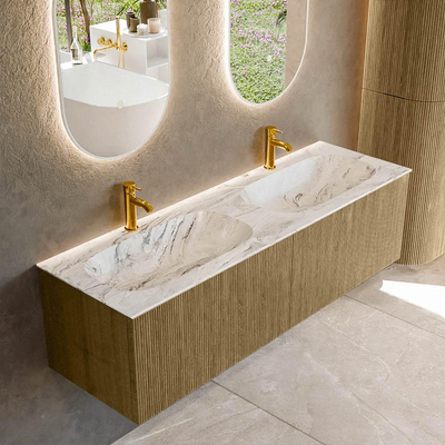 Mondiaz KURVE-DLUX Badkamermeubelset - 150x46x40cm - 2 lade - wastafel solid surface - dubbel - 2 kraangaten - Dusk