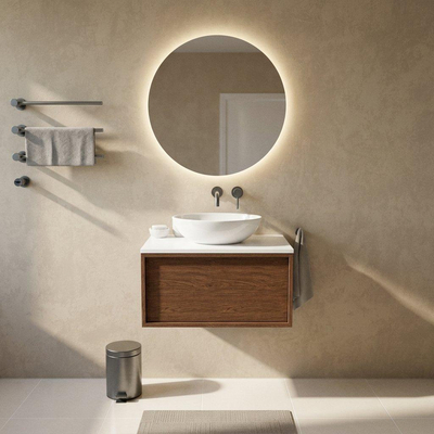 Saniclass Holz Frame Ensemble meuble de salle de bains - 80x45x42.5cm - Plan de travail Torino en solid surface blanc - sans trou de robinet - 1 tiroir - walnut pure mat (bois)