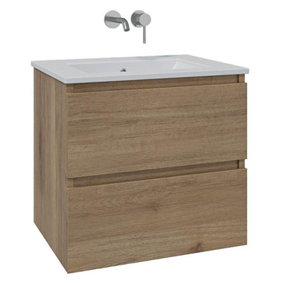 Adema Chaci Ensemble de meuble - 60x46x57cm - 1 vasque en céramique blanche - sans trou de robinet - 2 tiroirs - armoire de toilette - cannelle
