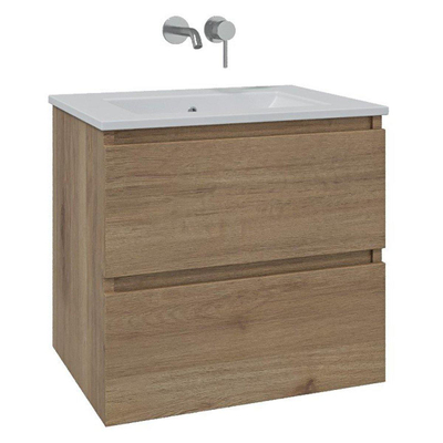 Saniclass Chaci Ensemble meuble de salle de bains - 60x46x55cm - lavabo en céramique blanc - 1 vasque - sans trou de robinet - 2 tiroirs - chêne