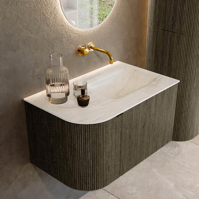 Ensemble de meuble de salle de bain Mondiaz KURVE-DLUX - 75x46x40cm - 1 tiroir - 1 porte - lavabo en solid surface - droite - sans trou de robinet - Shadow