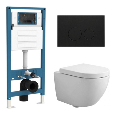 QeramiQ Dely Swirl Compact Toiletset - inbouwreservoir QeramiQ flush - 25mm zitting - metalen bedieningsplaat mat zwart - ronde knoppen - glans wit