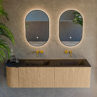 MONDIAZ KURVE 155cm meuble de salle de bains avec module 25 L couleur Oak avec 2 tiroirs et 1 porte. Lavabo CLOUD double / à droite sans trou de robinet Urban.