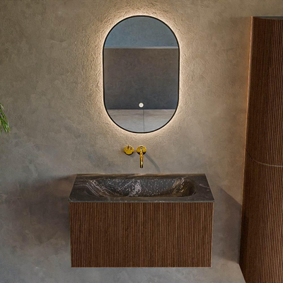 MONDIAZ KURVE-DLUX 80cm badmeubel kleur Walnut met 1 lade. Wastafel BIG SMALL midden zonder kraangat kleur Lava.