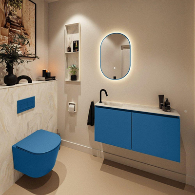 MONDIAZ TURE-DLUX meuble de toilettes 100 cm Jeans. EDEN lavabo Ostra position gauche. Avec 1 trou de robinet.