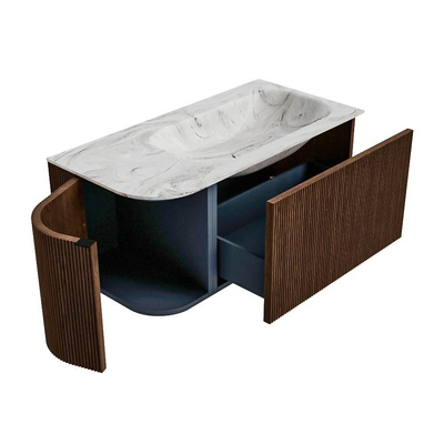 MONDIAZ KURVE-DLUX Meuble de salle de bains 95cm avec module 25 L couleur Walnut avec 1 tiroir et 1 porte. Lavabo BIG SMALL droit sans trou de robinet couleur Glace.