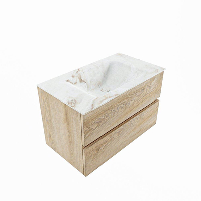 MONDIAZ VICA-DLUX Ensemble meuble de salle de bains - 80cm - sous-meuble chêne blanchi - 2 tiroirs - lavabo encastré cloud central - sans trous de robinet - version haute 60cm - frape