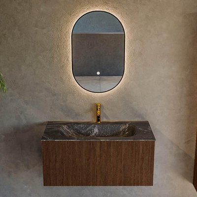 MONDIAZ KURVE-DLUX 90cm badmeubel kleur Walnut met 1 lade. Wastafel BIG SMALL midden 1 kraangat kleur Lava.