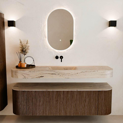 MONDIAZ THOR-DLUX 160cm meuble de salle de bains arrondi gauche + droite couleur Walnut avec 1 tiroir et 2 portes. Vasque suspendue CLOUD Milieu sans trou de robinet couleur Arena.